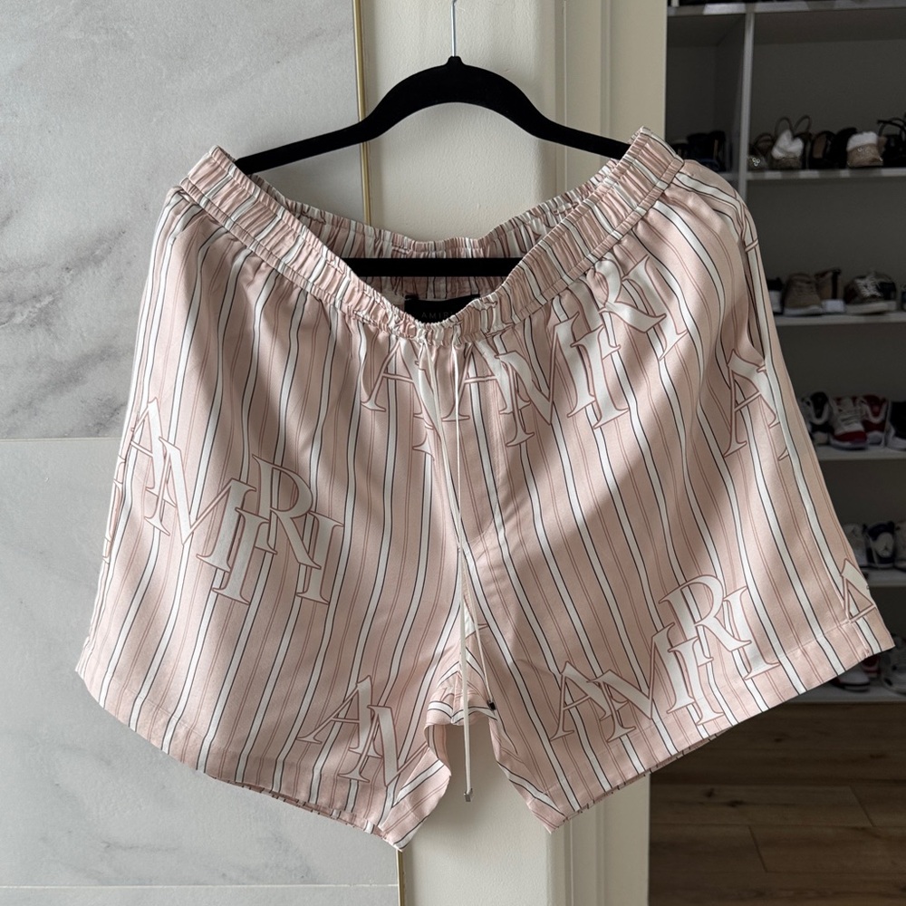 AMIRI Light Pink Striped silk Logo Shorts